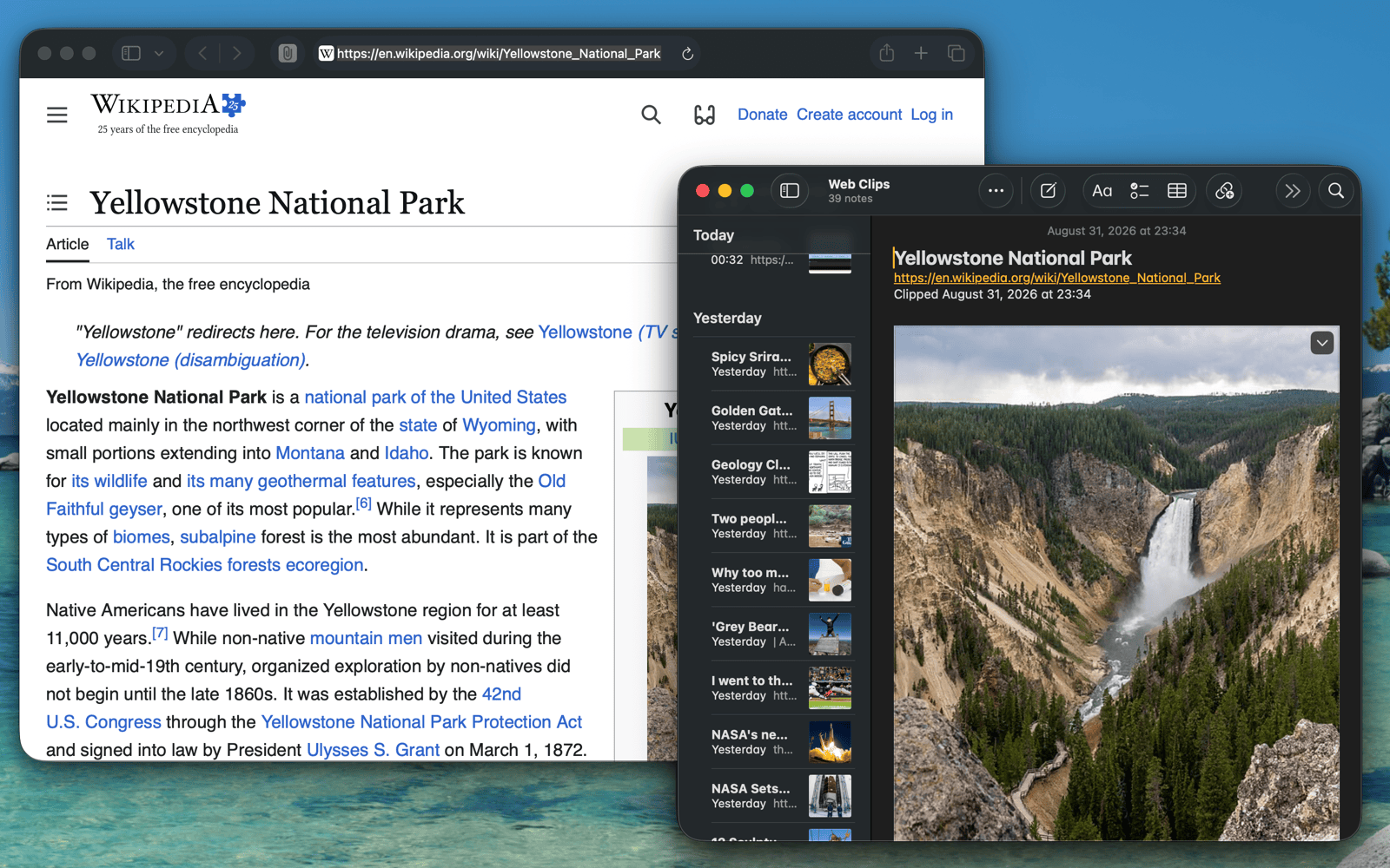 Safari showing a Wikipedia article next to the Notes window holding the clipped note, complete with its heading, source link, and photograph