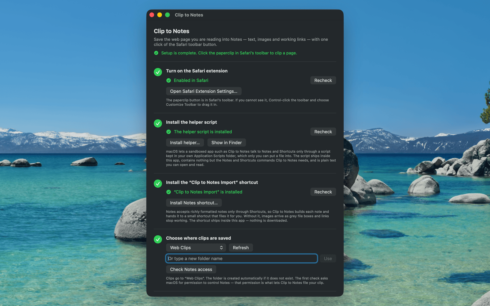 The Clip to Notes app window with all four setup steps showing a green check mark and the chosen Notes folder set to Web Clips