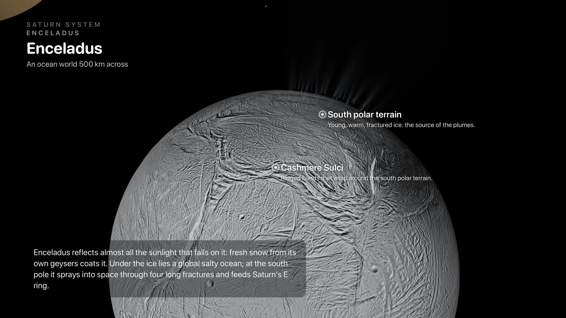 Enceladus, bright white and fractured, with the south polar terrain and Cashmere Sulci labelled