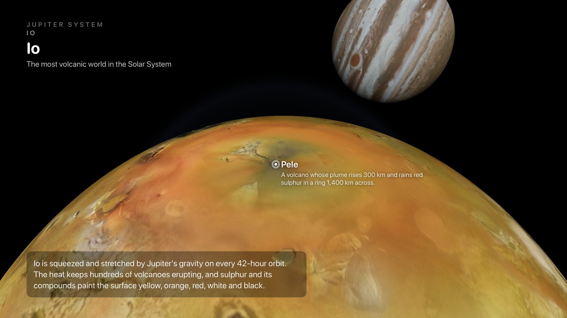 Low Orbit over Io, Jupiter hanging in the sky above, with the volcano Pele labelled and a short description of Io's volcanism