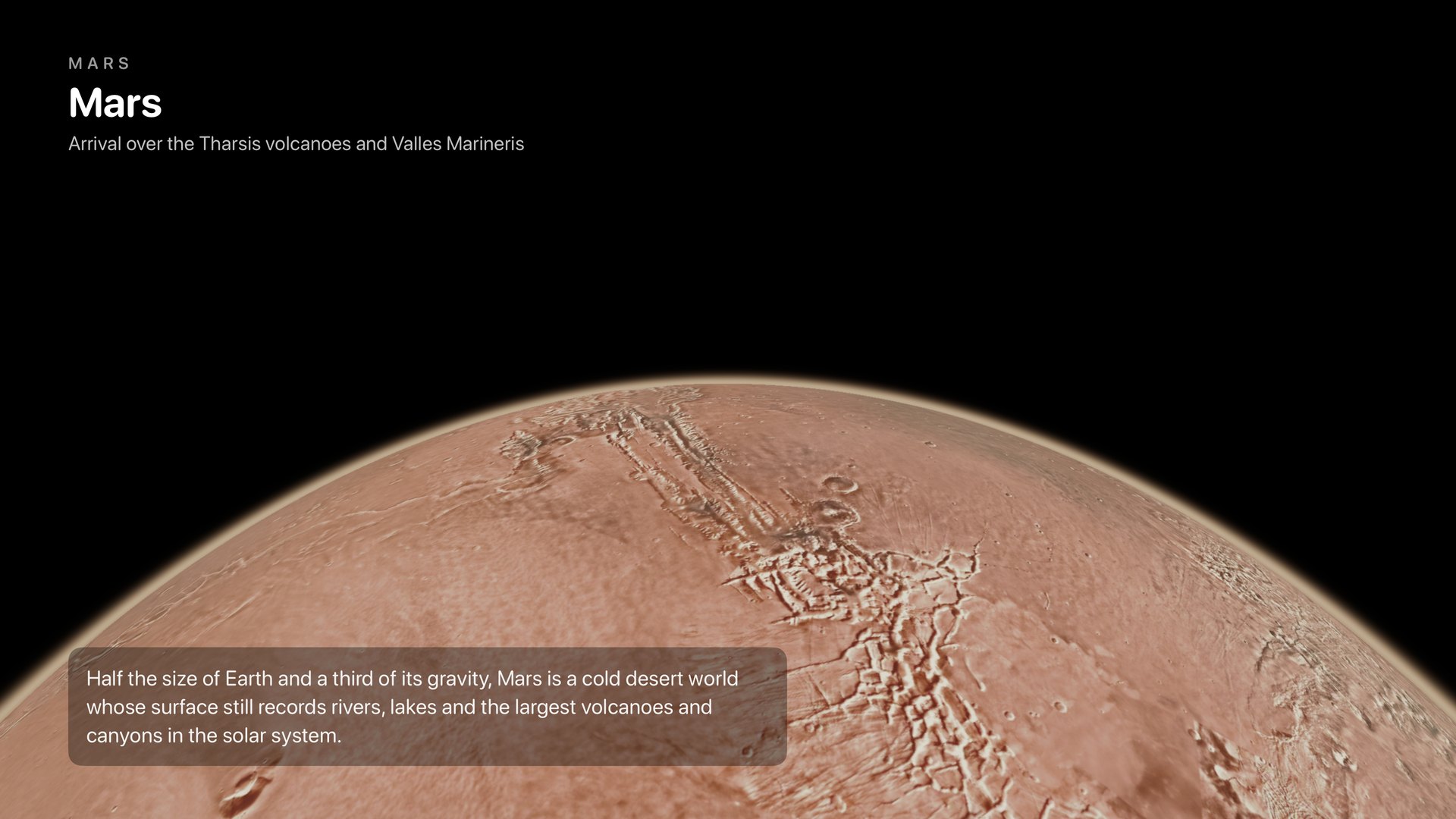 Mars from orbit, with Olympus Mons and the Tharsis Montes volcanoes labelled