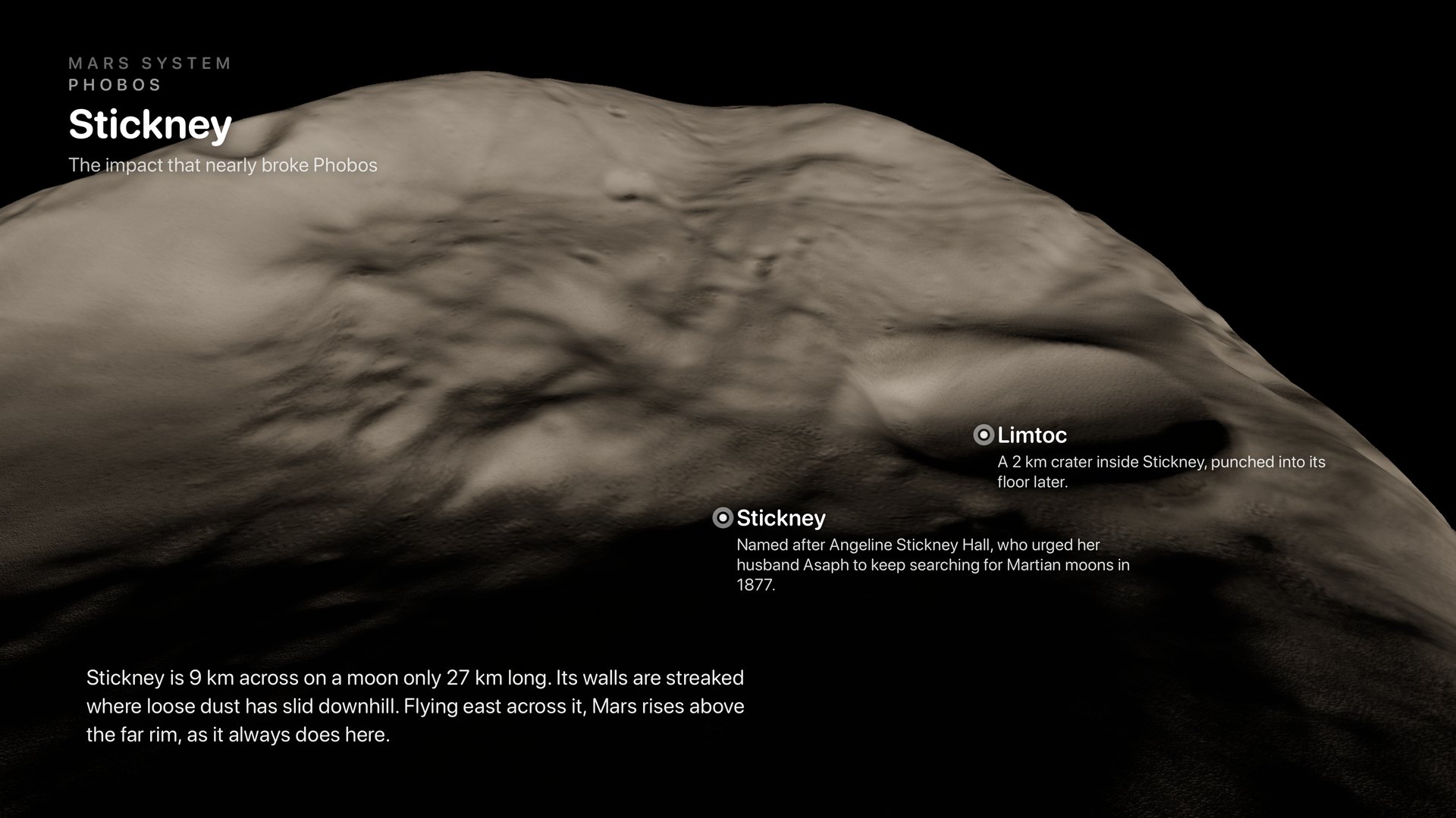 A close pass over the lumpy surface of Phobos, with Stickney crater and Limtoc labelled