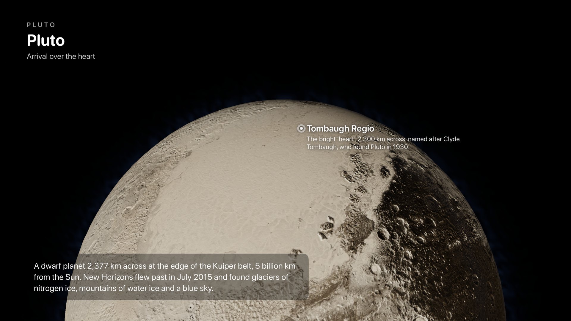 Pluto from above, with the bright heart of Tombaugh Regio labelled