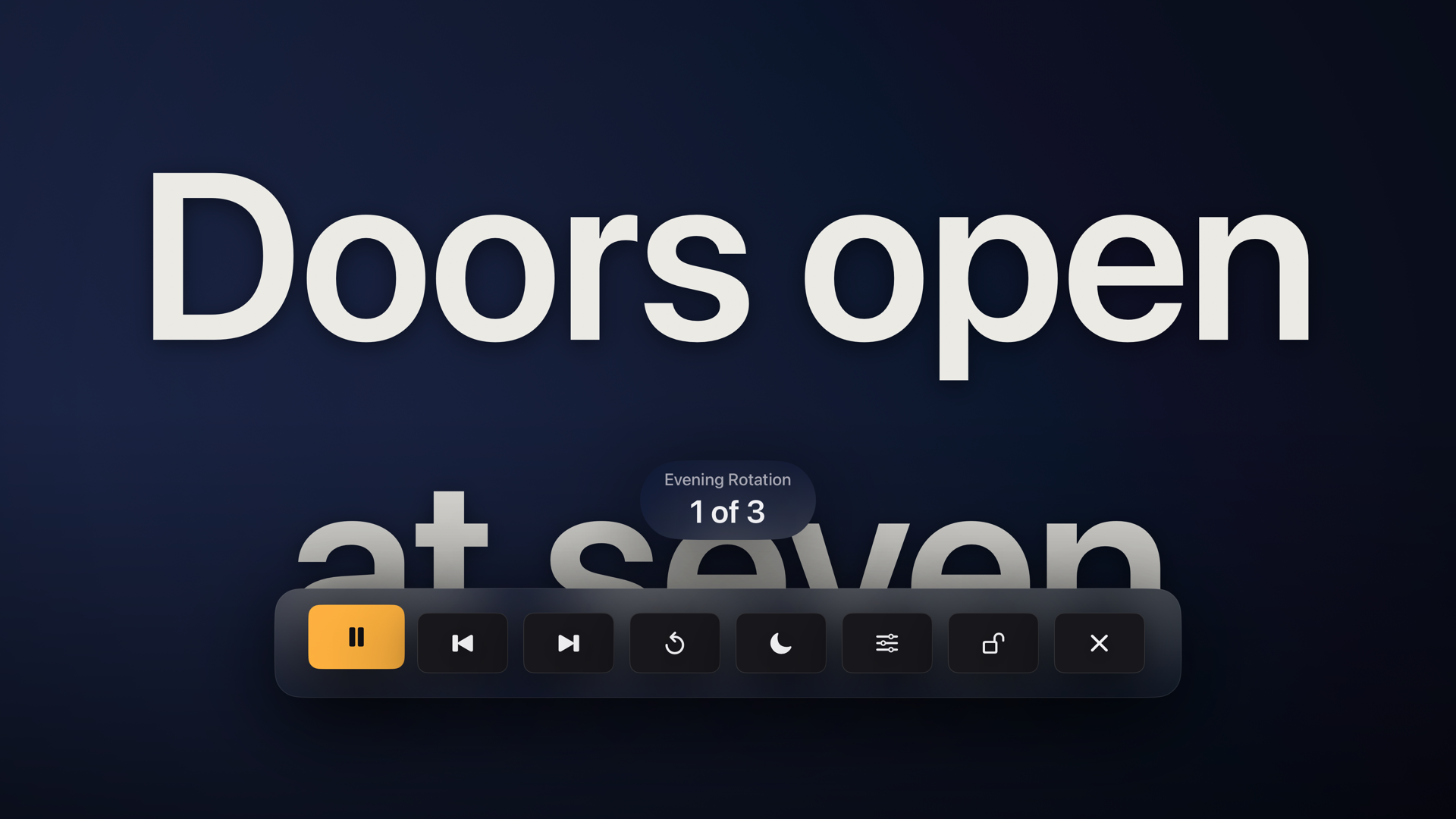 A playlist running on the Apple TV with the on-screen overlay reading “Evening Rotation, 1 of 3”