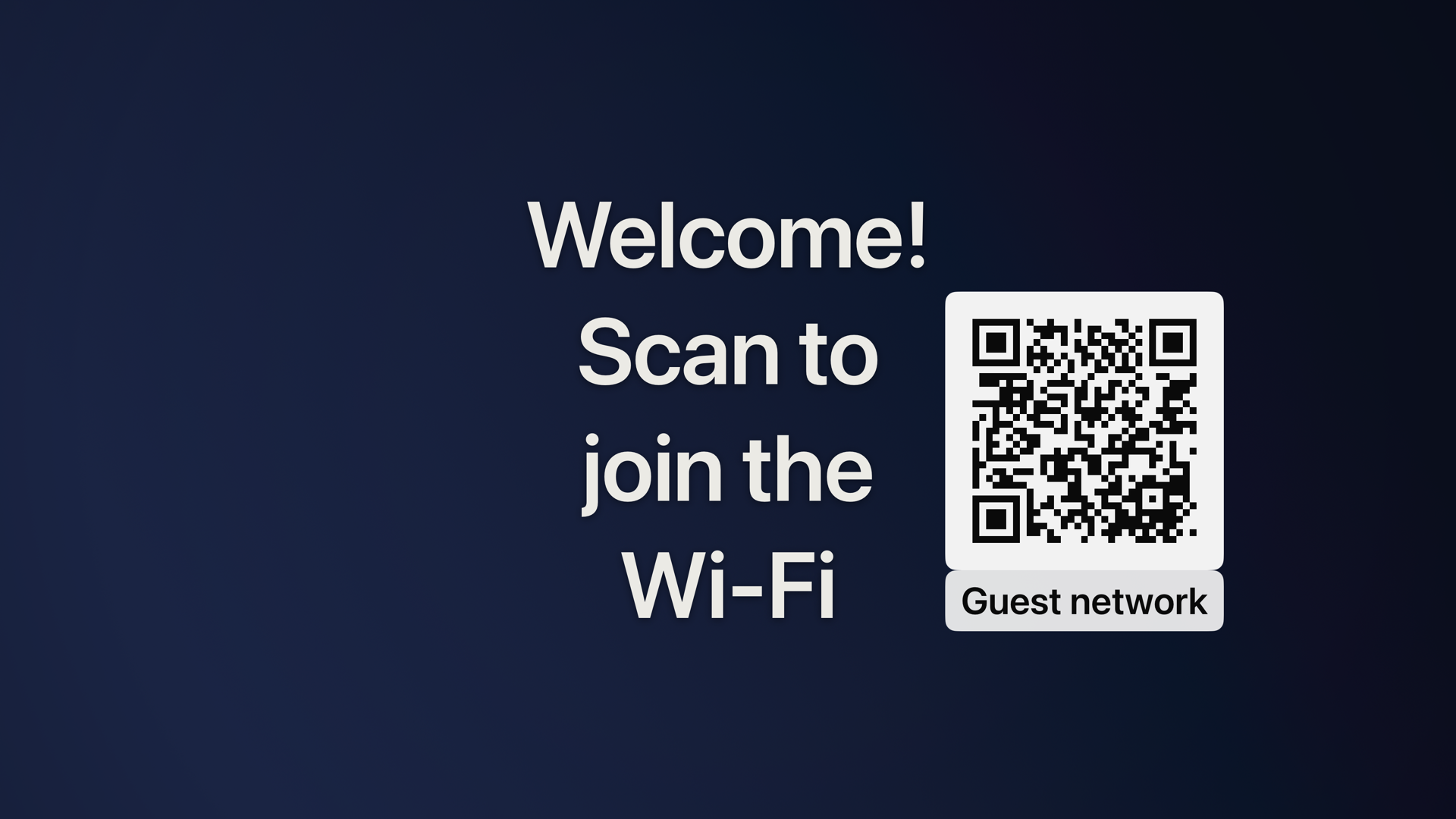 MessageStage on an Apple TV showing “Welcome! Scan to join the Wi-Fi” beside a scannable QR code