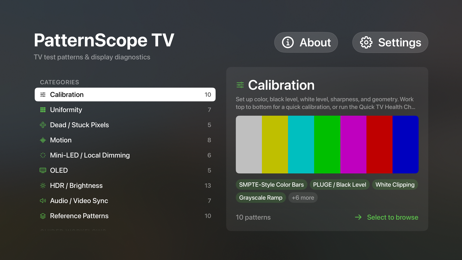 PatternScope TV home screen with pattern categories