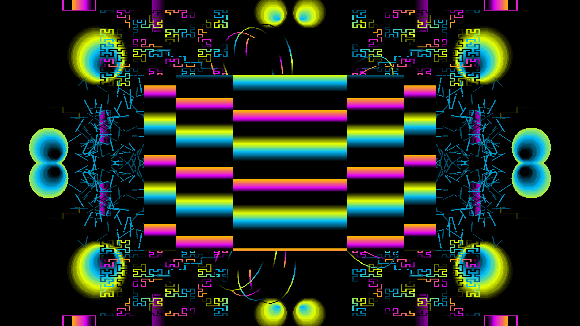 Phosphoria on an Apple TV: cyan, magenta and yellow bars, glowing discs and fractal curls layered on black