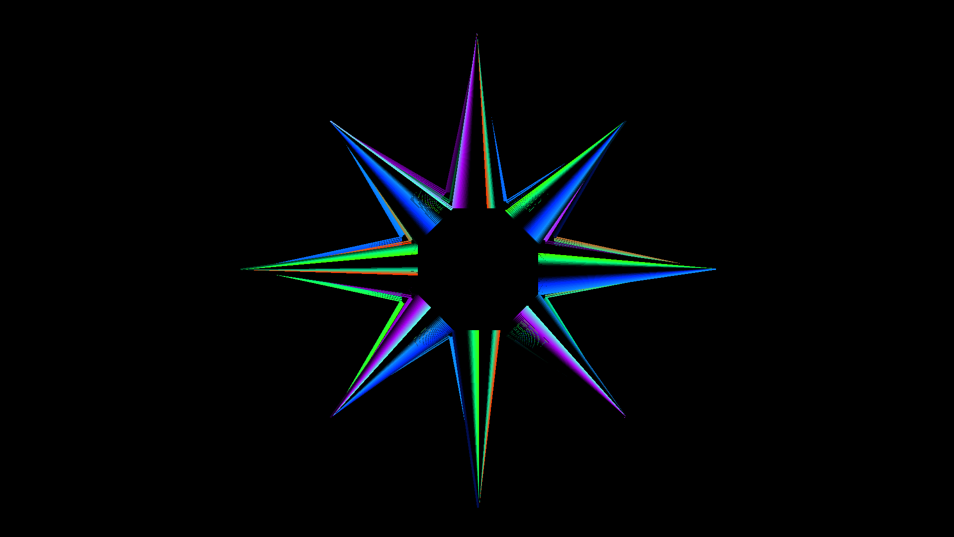 A single eight-pointed star drawn in green, blue and magenta on black