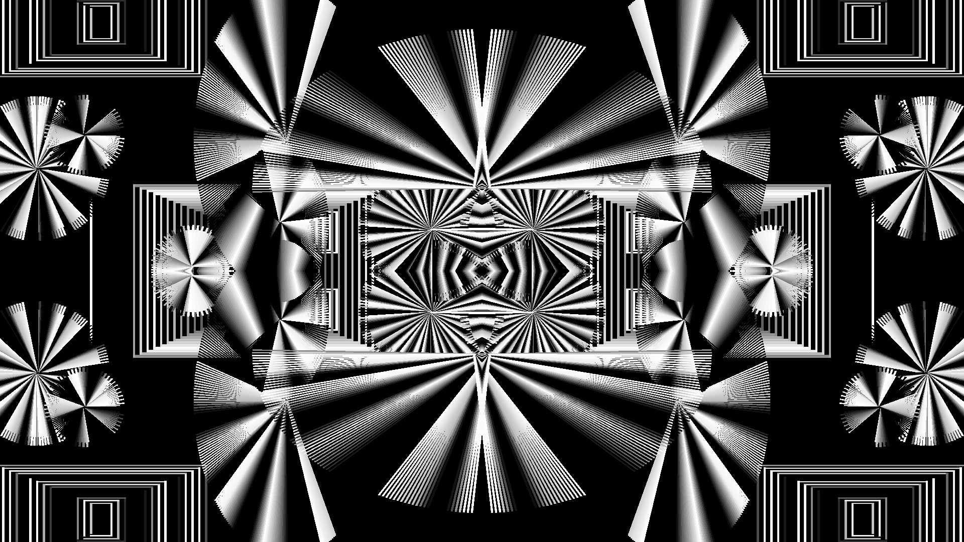 A monochrome Phosphoria screen of radiating fans and nested frames, white on black