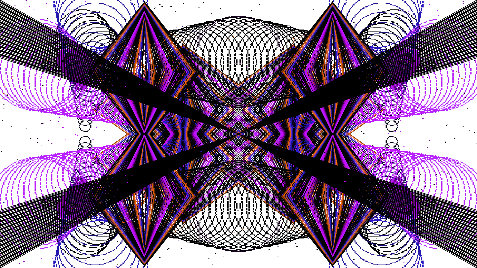 Violet and orange lattices crossing over a white ground, with fine moiré patterning