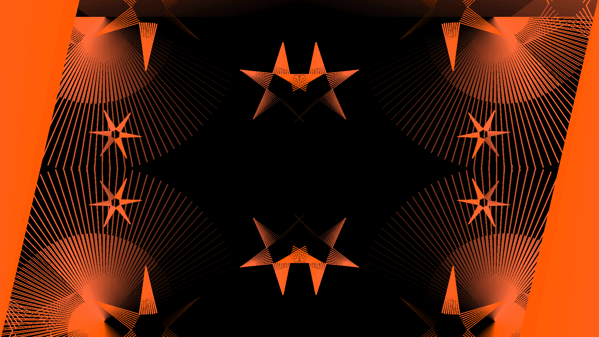 Orange six-pointed stars and fine radiating line-work on black