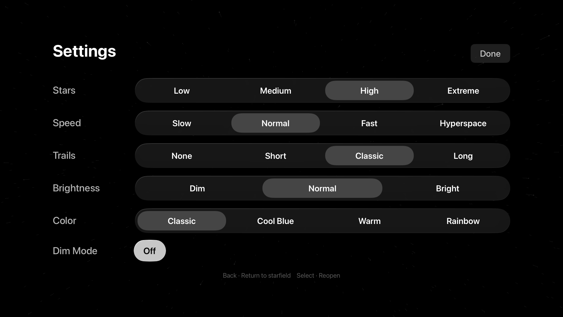 Starflight settings: star count, speed, trails, brightness, color, dim mode