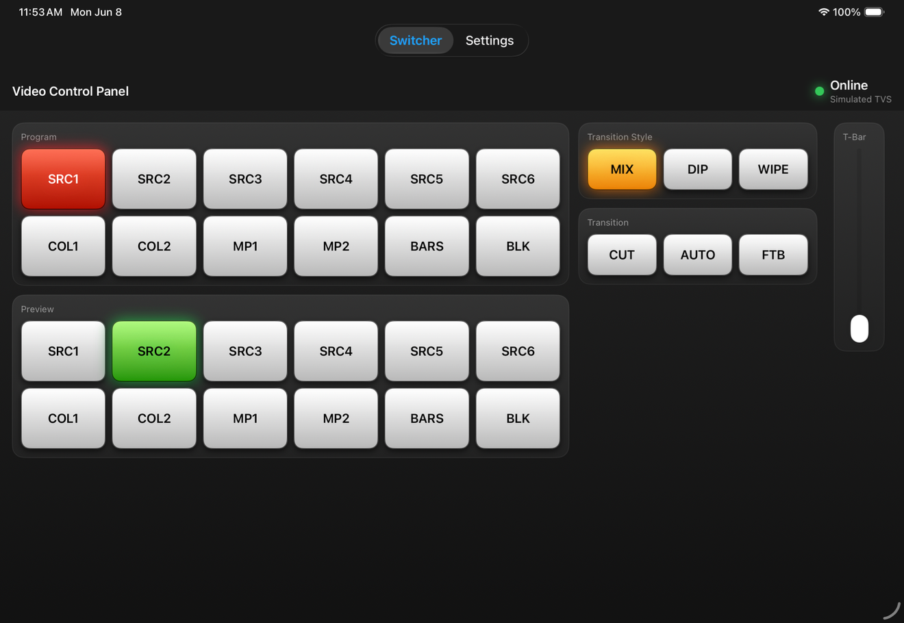 Video Control Panel running on iPad, showing the full switcher layout with T-Bar