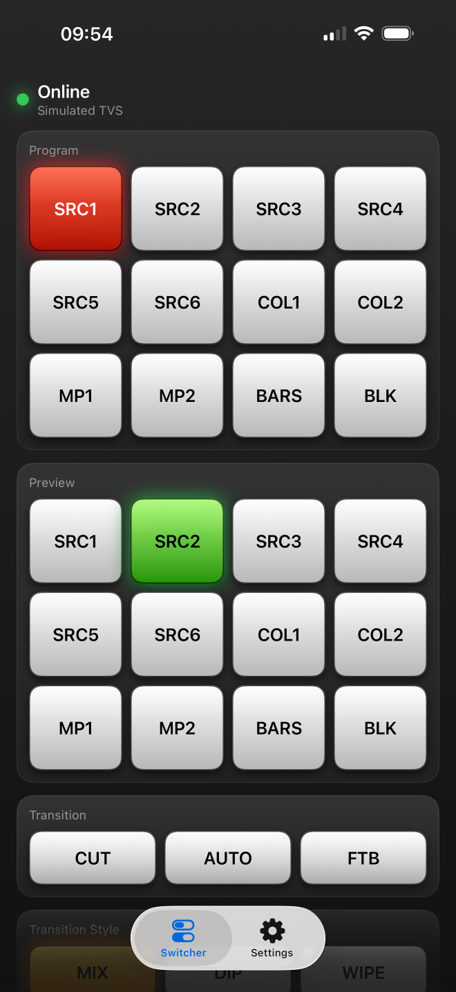 Video Control Panel running on iPhone, showing Program and Preview source buttons